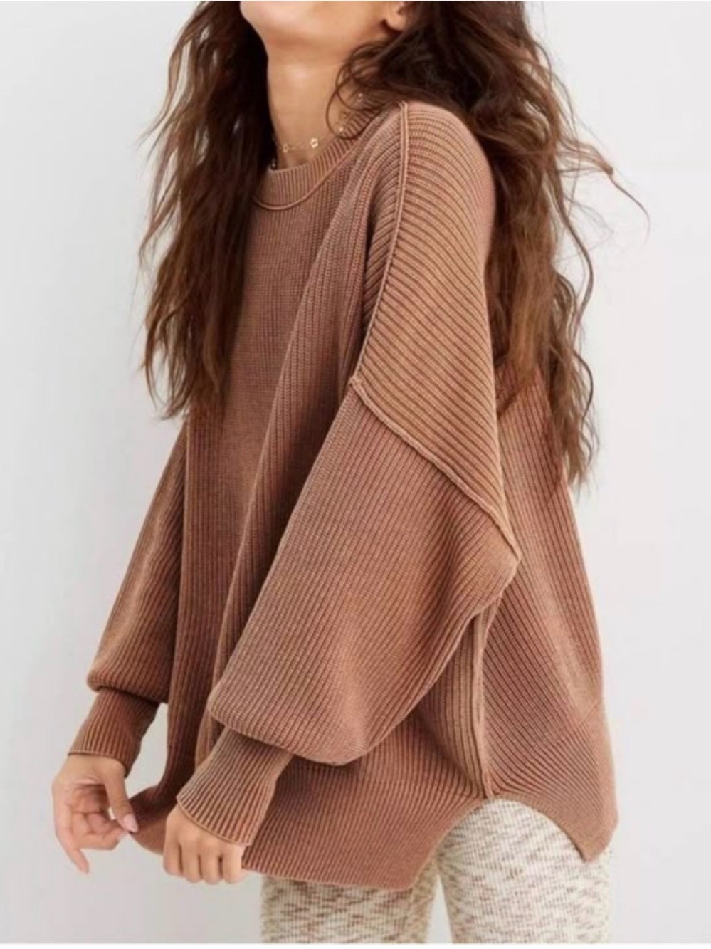 aerie Oversized Ribbed Crew Sweater in Warm Camel